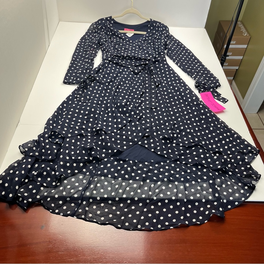 Betsey Johnson Long Sleeve Polka Dot CRAZY FOR DOTS WRAP DRESS Navy 8 NEW *FLAW